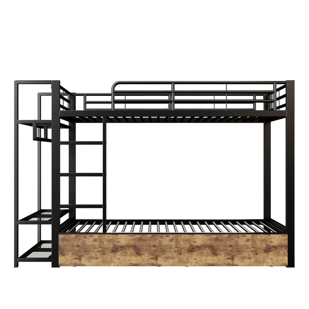 Letto a castello 90x200 cm in metallo e MDF con LED; 2 cassetti; ripiani e barra appendiabiti; nero