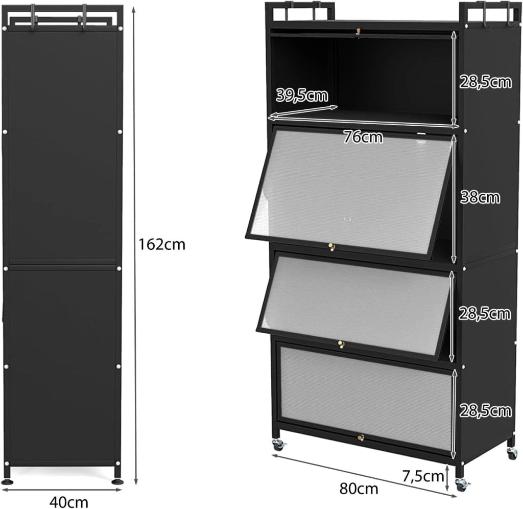Mobiletto da Cucina a 5 Ripiani su Ruote, Armadio da Cucina con Ante a Ribalta e 4 Ruote Universali, Supporto per Microonde con Kit Anti-Ribaltamento, 80,5x40x162 cm (Nero)