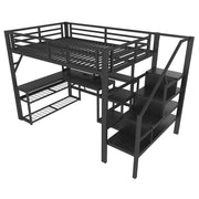 Letto a soppalco matrimoniale 140×200 cm con LED; USB; scrivania e ripiani; senza materasso; metallo; nero