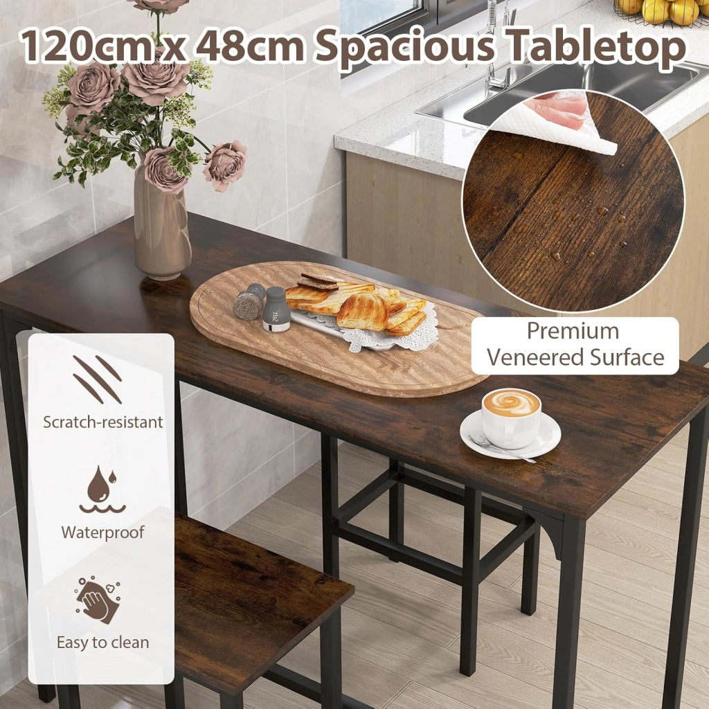 Tavolo Alto Cucina per 3 Persone, Tavolo da Pranzo in Piedi Rettangolare, 2 Sgabelli con Poggiapiedi, Struttura in Metallo, Stile Industriale per Spazio Piccolo, Sala da Pranzo, Ristorante