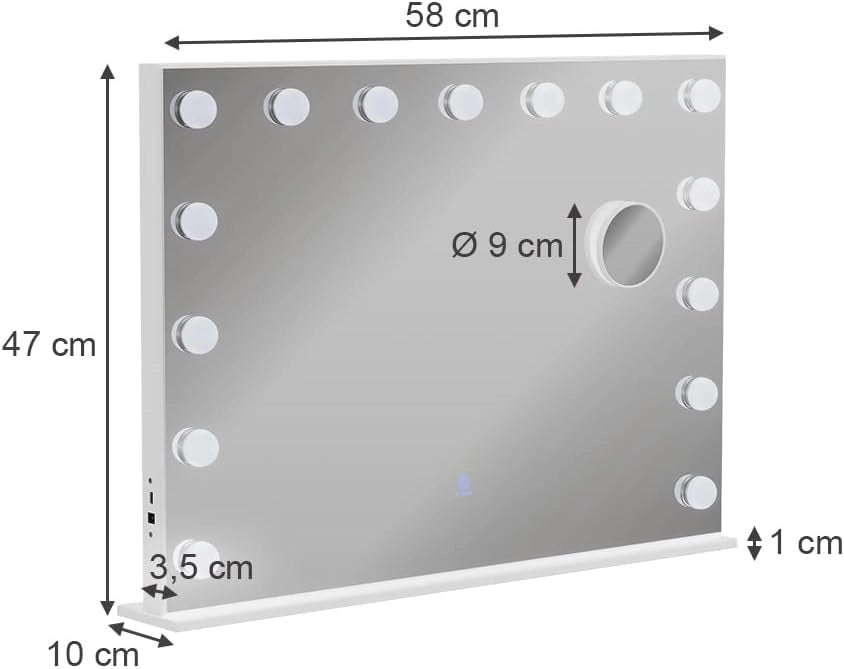 Specchio da toilette Greta, Bianco, 58 x 47 cm con illuminazione a LED, con specchio cosmetico integrato 10x e porta USB
