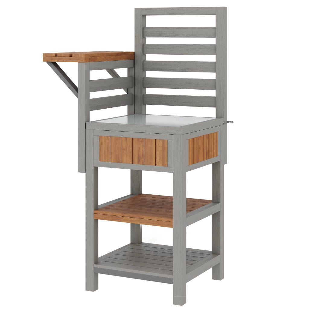 Armadio Da Giardino con Piano In Acciaio Inox e Doppio Ripiano Contenitore in Legno Massello Naturale 74 × 54 × 149 cm