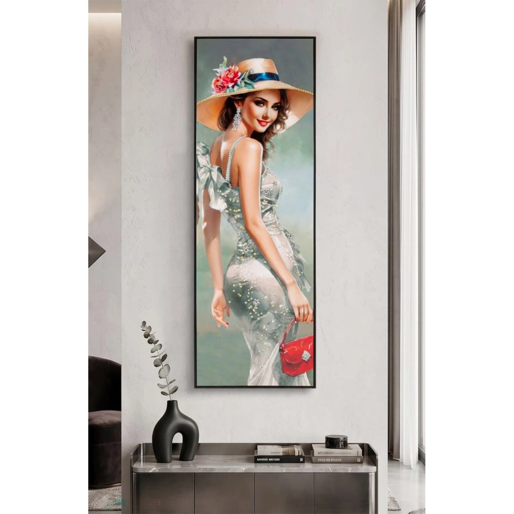 Dipinto su tela Elegant A dama con cappello e pochette rossa, 52x152 cm