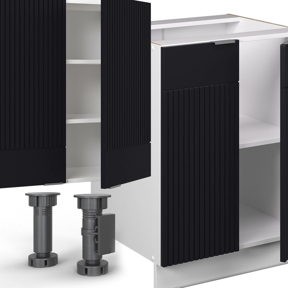 Cucina componibile Fame-Line Nero rigato/Bianco 300 cm con armadio alto, PL Marmo Vicco