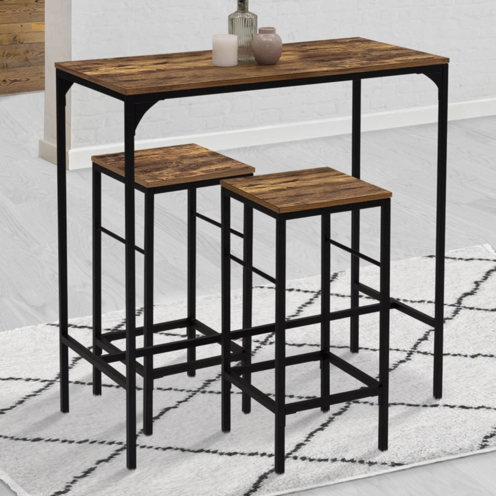 Tavolo da bar e 4 sgabelli DAYTON, alti 100 cm, in legno scuro con effetto distressed e design industriale nero