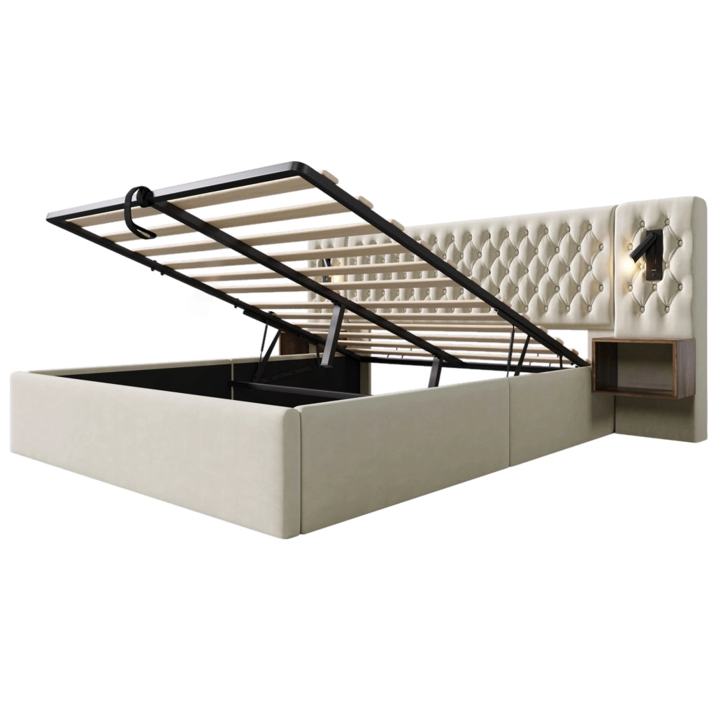 Letto matrimoniale 160x200 cm con contenitore idraulico; 2 comodini; luci lettura e porte USB; beige in velluto