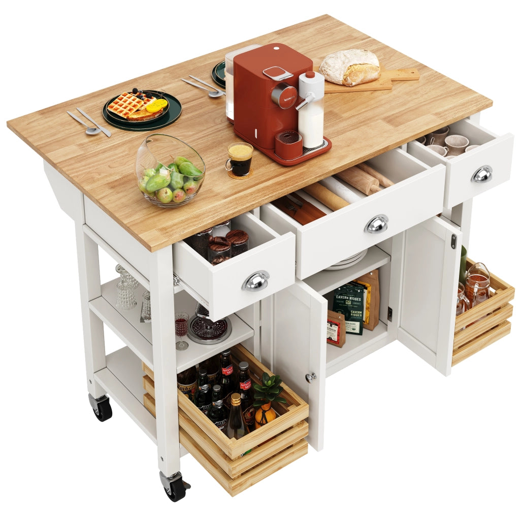 OKWISH Carrello da Cucina con 1 Cassetto, 1 Anta, Ripiano Regolabile, Piano Ribaltabile e Ruote, 120×45×90 cm
