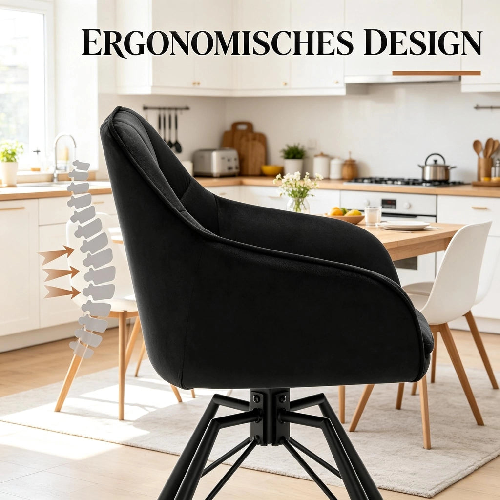 Chaise da pranzo girevole con braccioli e seduta ampia ergonomica in velluto e metallo nero set da 2 pezzi