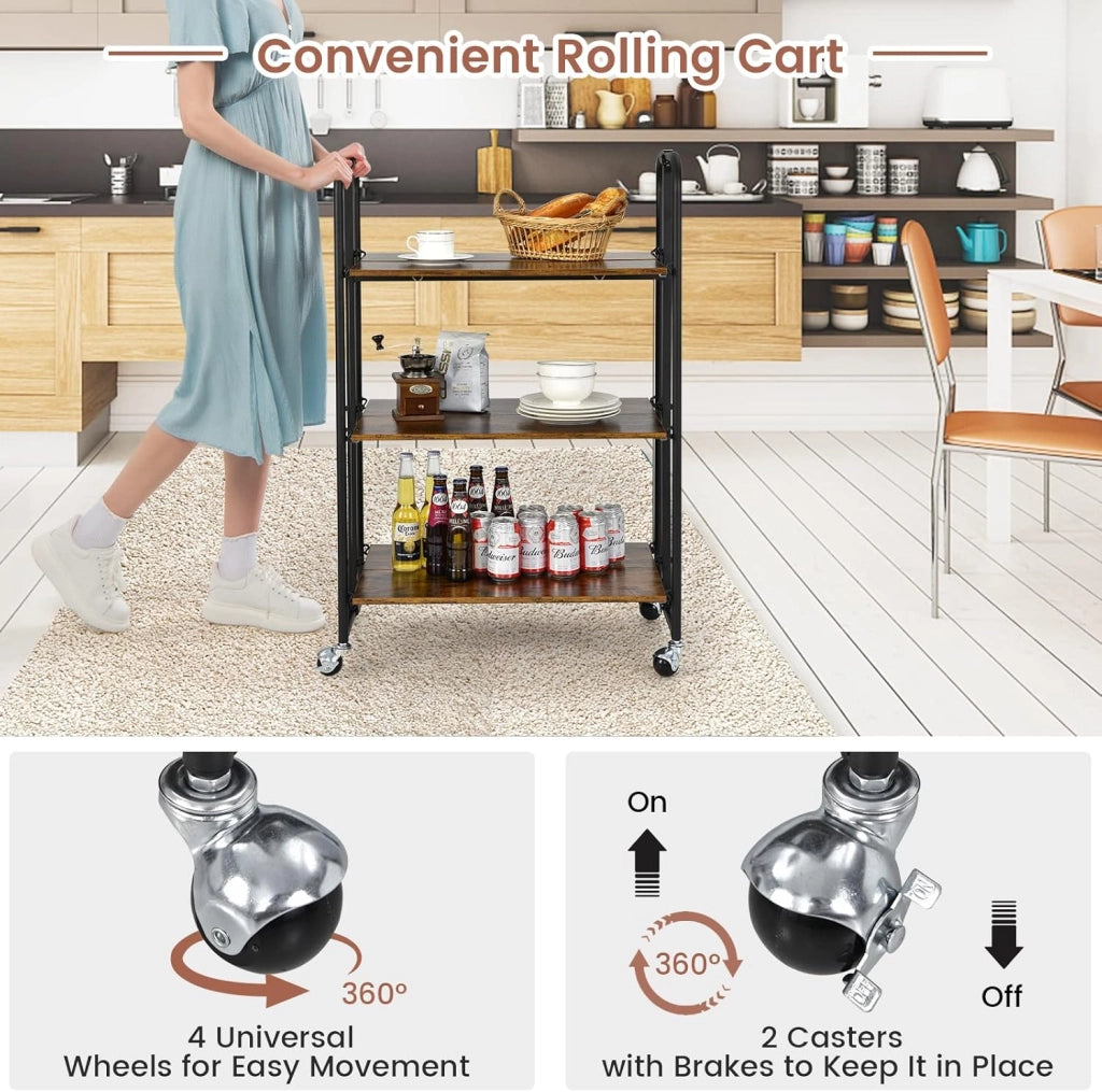 Scaffali pieghevoli con ruote, nessun montaggio Carrello a 3 livelli, 2 delle ruote hanno serrature, carrello multiuso per microonde, rack portatile con telaio in metallo, per cucina, camper