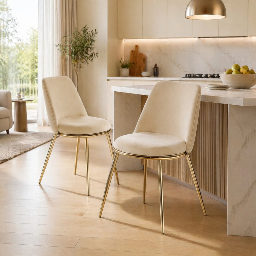 SEDIA da pranzo imbottita in velluto crema bianco con gambe dorate