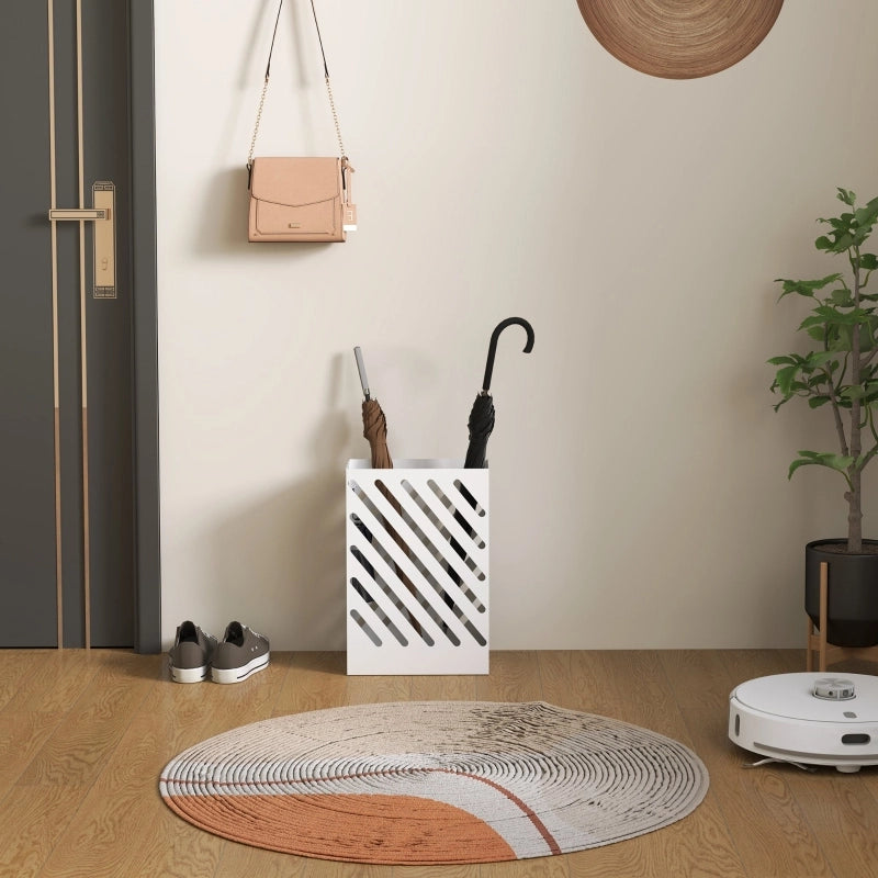 Portaombrelli in acciaio con 4 ganci e vassoio raccogligocce, 28 x 14 x 41 cm, bianco