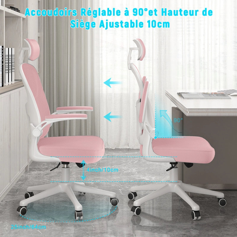 Sedia da ufficio - HAMLODY Poltrona ergonomica con braccioli 2D, altezza poggiatesta supporto lombare schienale regolabile rosa