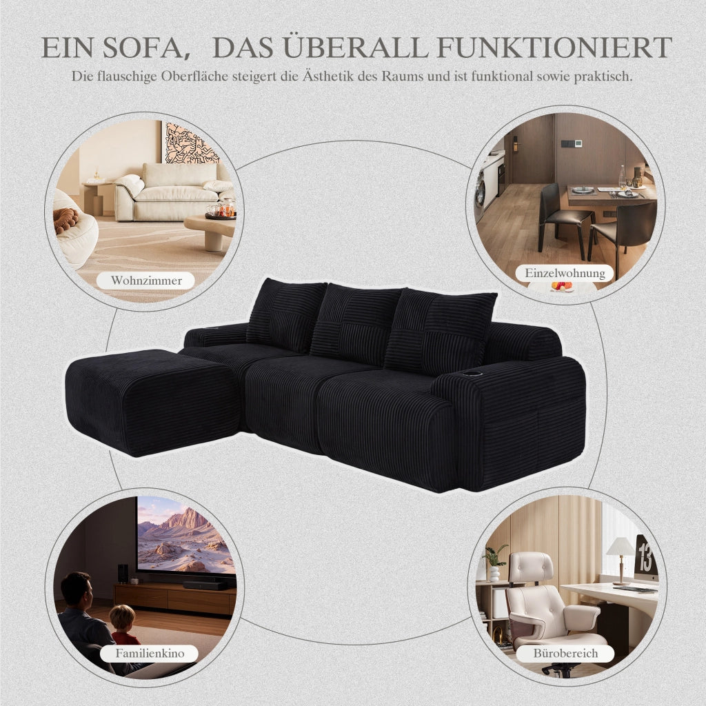 DIVANO MODULARE 3 POSTI 268x174x80 cm Corda Nero con portabicchiere e tasca laterale