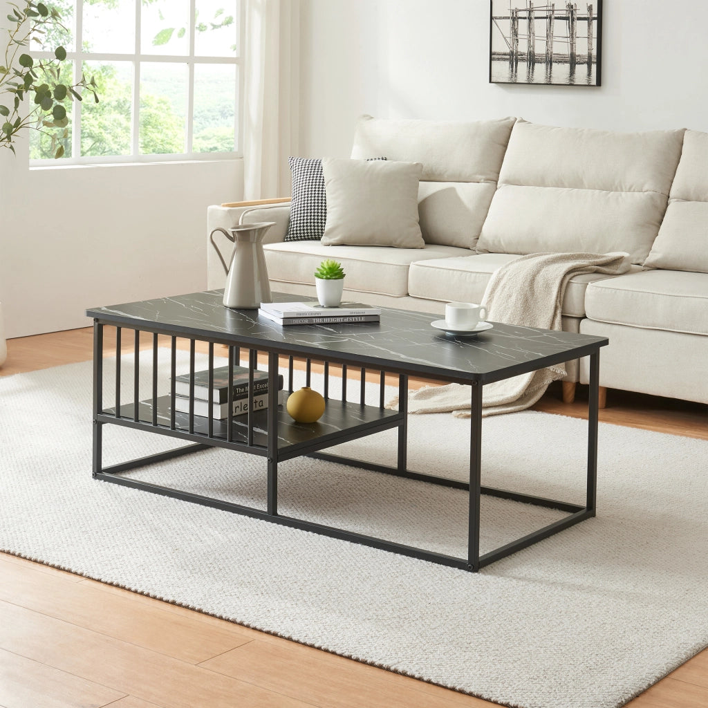 Tavolino Centrale da Salotto Raukurg con Ripiano 120 x 60 x 44 cm - Effetto Marmo Nero [en.casa]