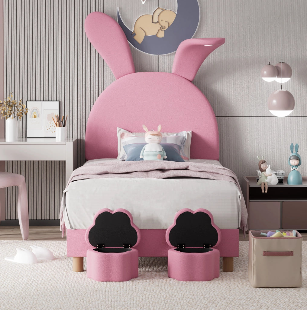 Letto imbottito 90x200 cm; con 2 panche contenitore e LED; velluto; rosa (Senza materasso)