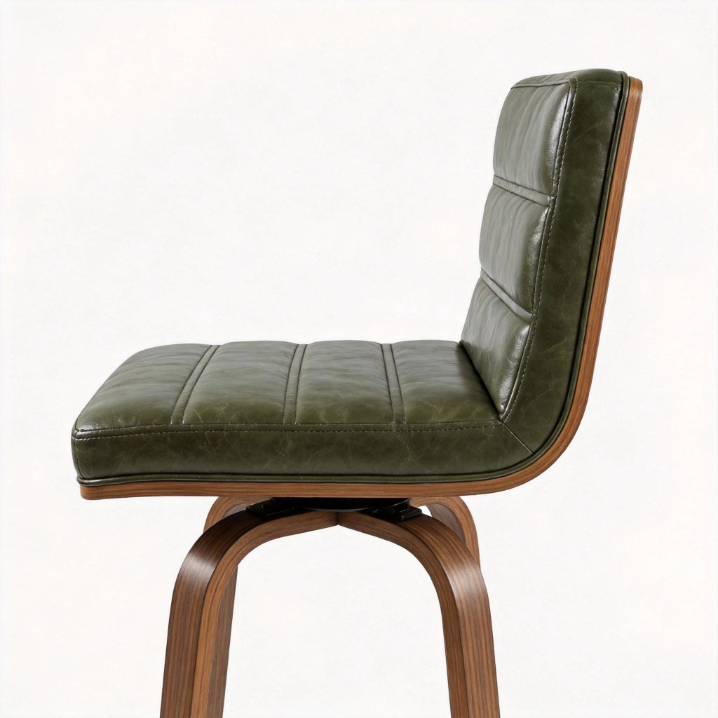 Sgabello da bar in pelle PU con schienale ergonomico e anello poggiapiedi in metallo e legno verde