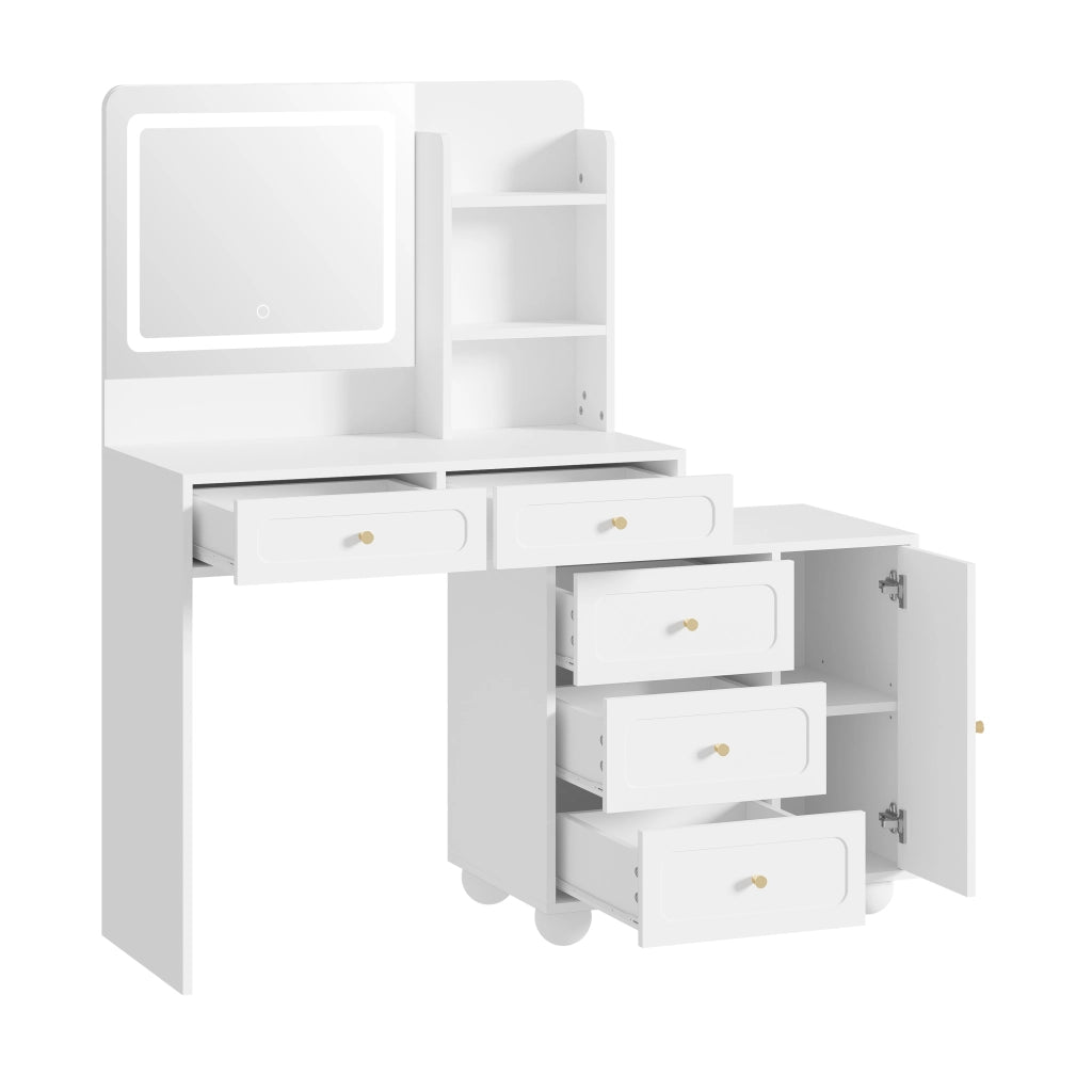 Tavolo da toeletta con specchio LED regolabile; 5 cassetti; 1 anta e 3 mensole; Bianco; 80×39;8×127cm