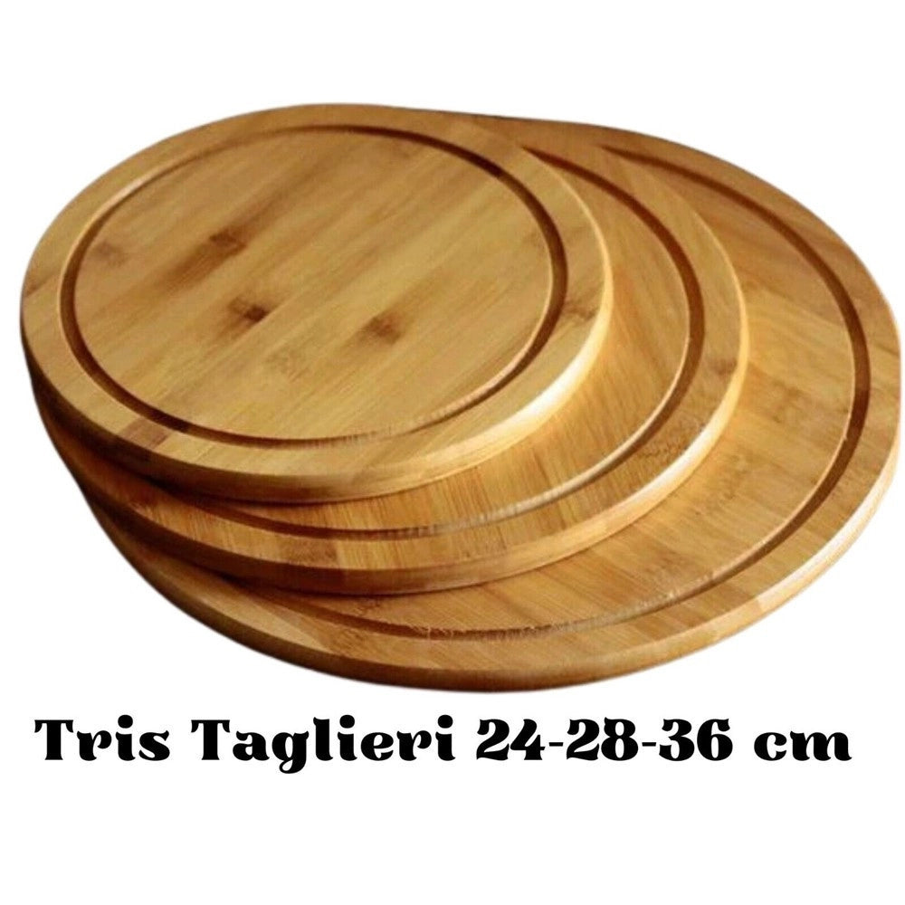 Trade Shop - Set 3 Pz Tagliere Taglieri Bamboo Spessi Tagliare Carne Verdure Pane 24-28-36 Cm -