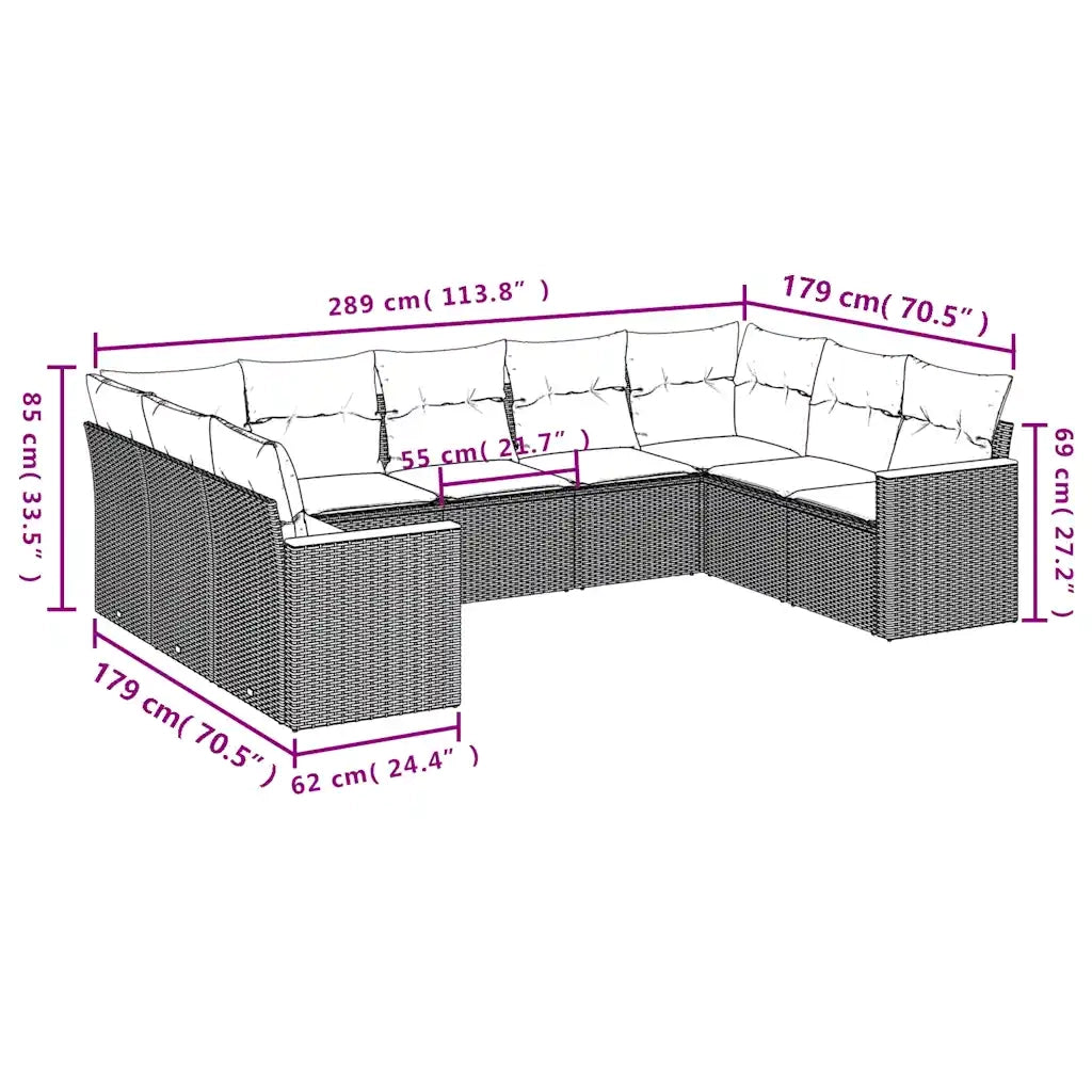 Set Divani da Giardino 9 pz con Cuscini Grigio in Polyrattan 3226278