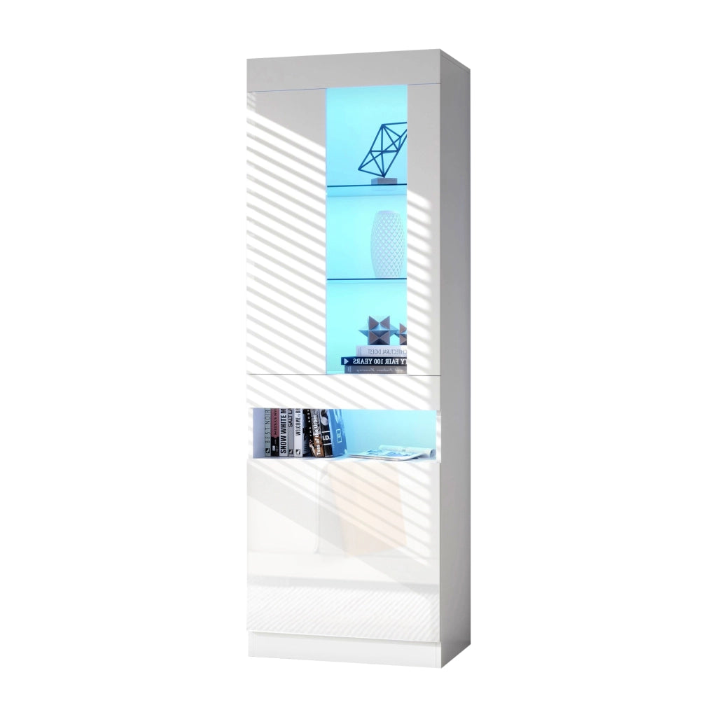 Credenza alta con ripiani in vetro LED USB e ante per soggiorno e ufficio in truciolato bianco 50 × 40 × 180 cm