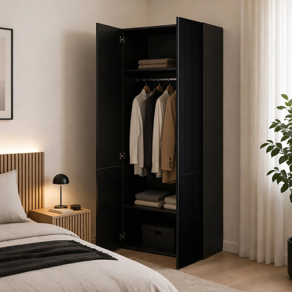 Guardaroba 2 ante Caiazzo, Mobile camera da letto, Cabina armadio portabiti, Armadio appendiabiti, 90x56 h199 cm, Nero