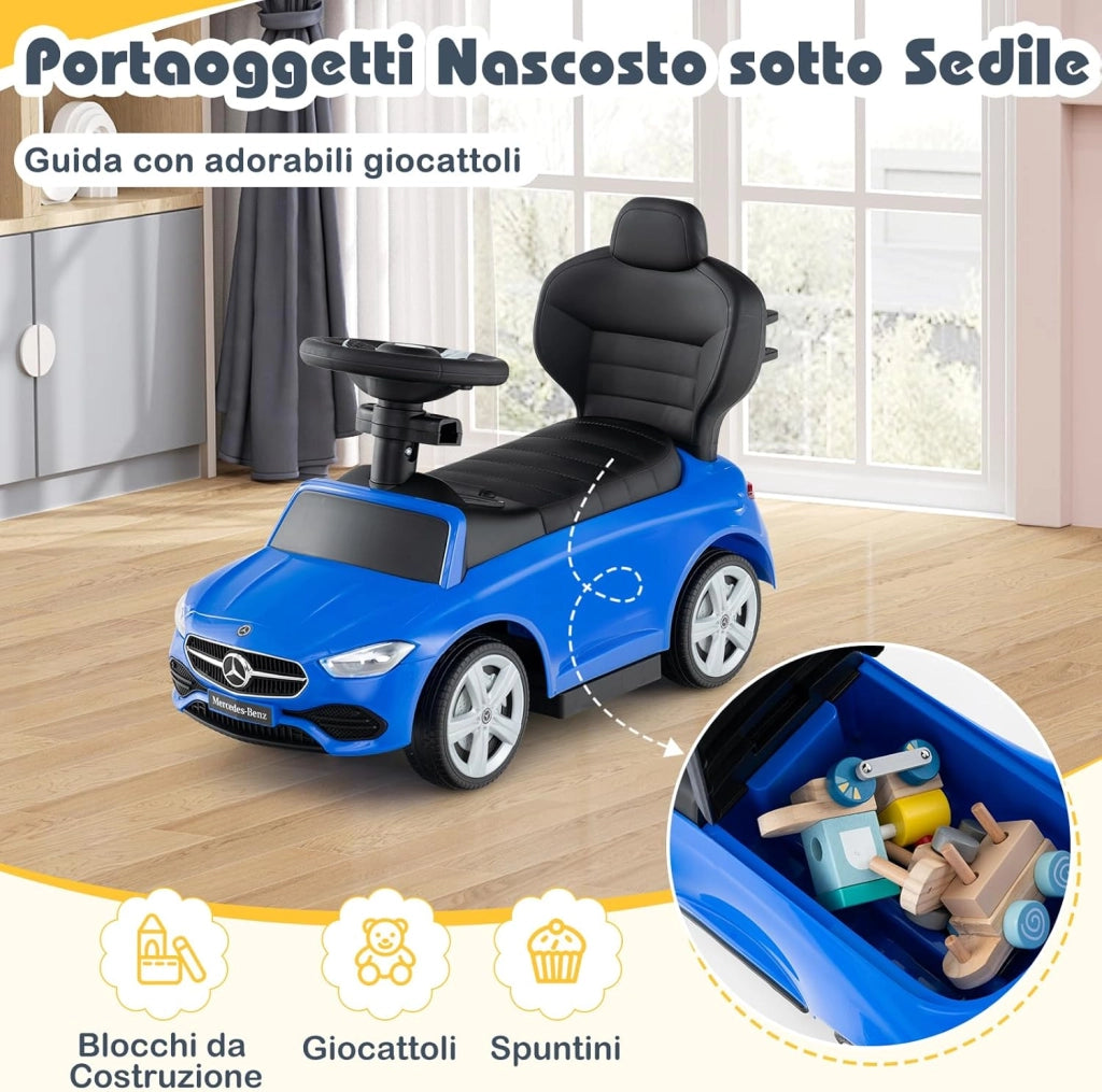 3 in 1 Auto a Spinta, Mercedes-Benz Macchina Cavalcabile, con Schienale Regolabile Suono Barra di Spinta e Tettuccio, per Bambini 18-36 Mesi (Blu)