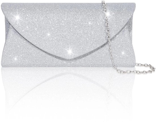 Borsa a Tracolla con Chiusura a Cerniera Argento, Borsa da Sera con Catena Rimovibile per Donne, Borsa Enveloppe Elegante in Argento per Donne, Borsa a Spalla con Paillet per Donne Piccola per Matrimonio, Festa, Cene di Natale, Appuntamenti