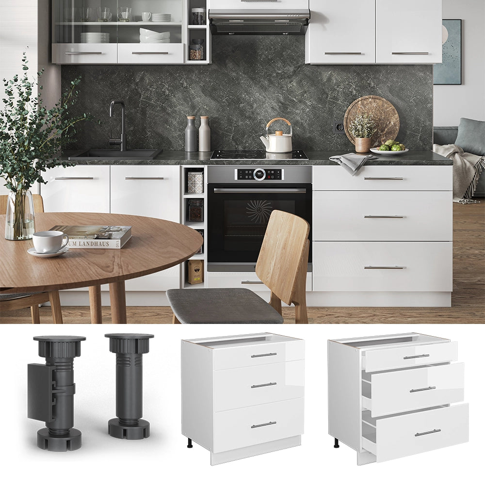 Mobiletto base per cucina Fame-Line Bianco lucido/Bianco 80 cm con 3 cassetti, PL Rovere Vicco