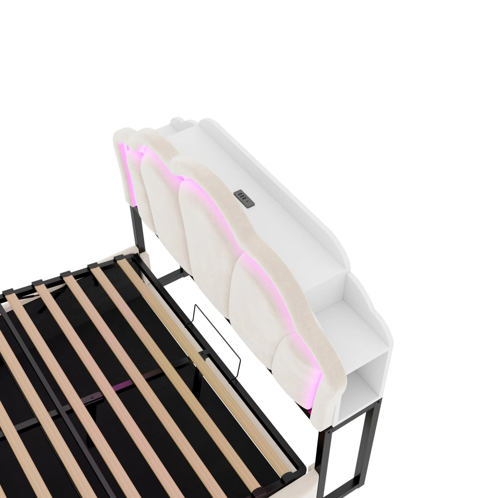 Letto imbottito 140x200 cm con contenitore idraulico; LED e vani nella testiera in velluto beige