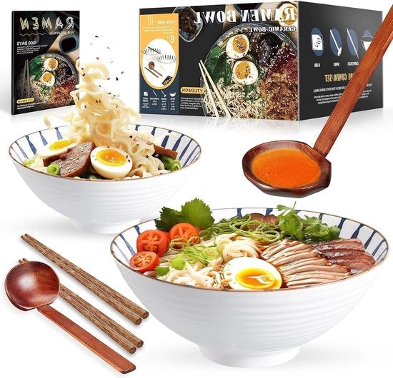 Set di insalata di noodle in ceramica giapponese - 1000 ml - comprensivo di ricette, bastoncini da cibo e cucchiai per feste e campeggio