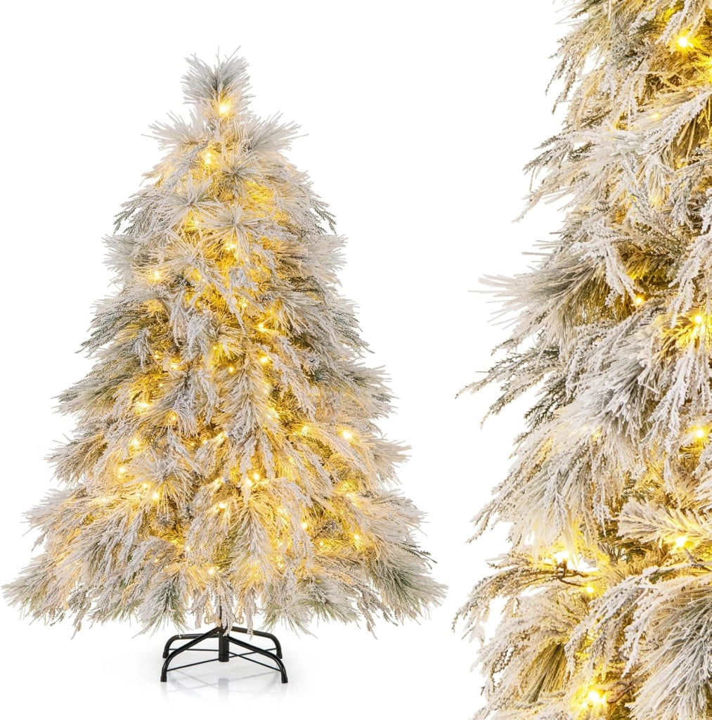 Albero di Natale Innevato 146/180 CM, Albero di Natale Artificiale Pre-Luminoso con Cerniera e 150/250 Luci LED Bianche Calde, 279/519 Punte di Ramo, Ago di Pino (146 CM)