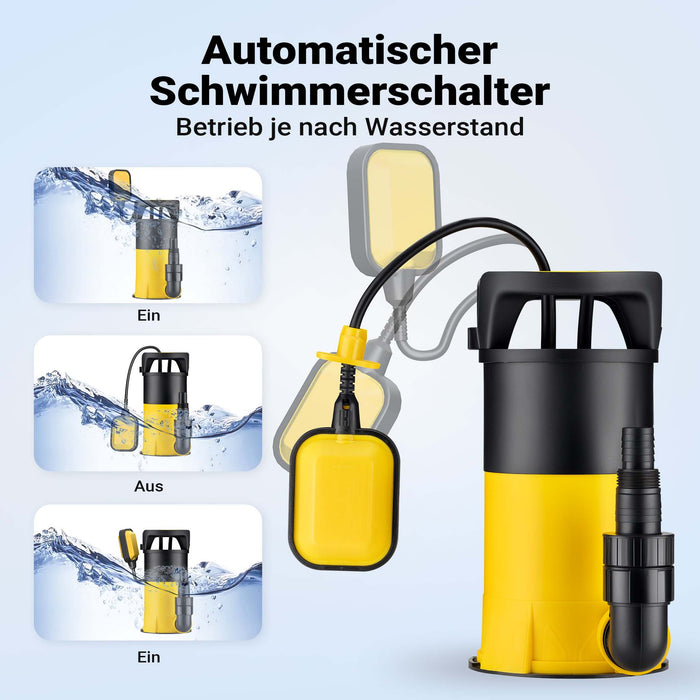 Pompa sommersa ad aspirazione piatta 3in1 1100 W, portata 18000 l/h, per acque chiare e scure, con galleggiante e termoregolazione, per cantine, stagni, piscine, pozzi