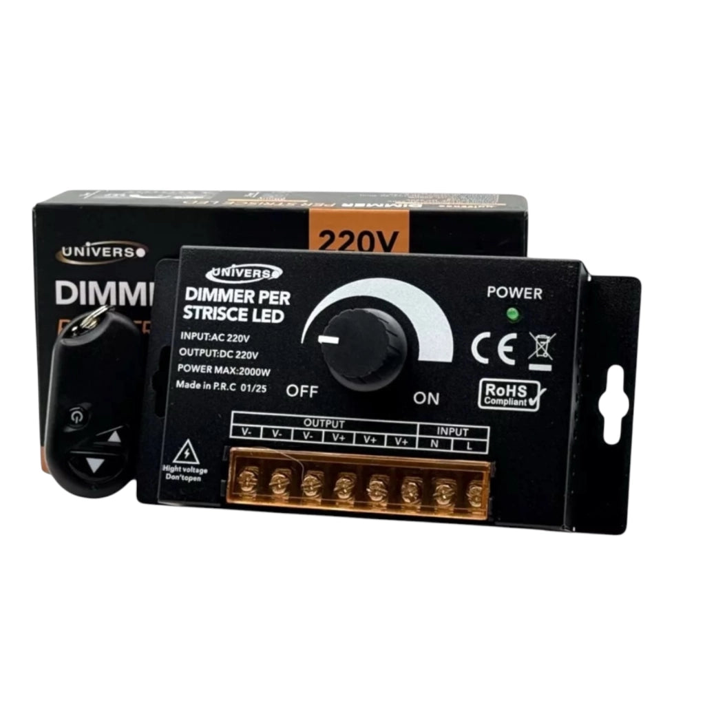 Dimmer 220V per Strisce LED Monocolore – 3 Uscite, Regolazione con Manopola e Telecomando