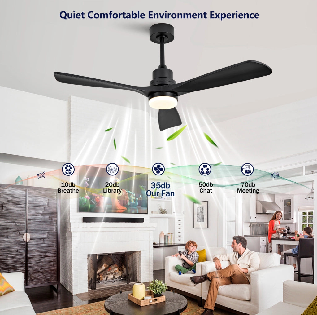 Ventilatore da soffitto 52 pollici in legno massiccio nero con luce LED; telecomando