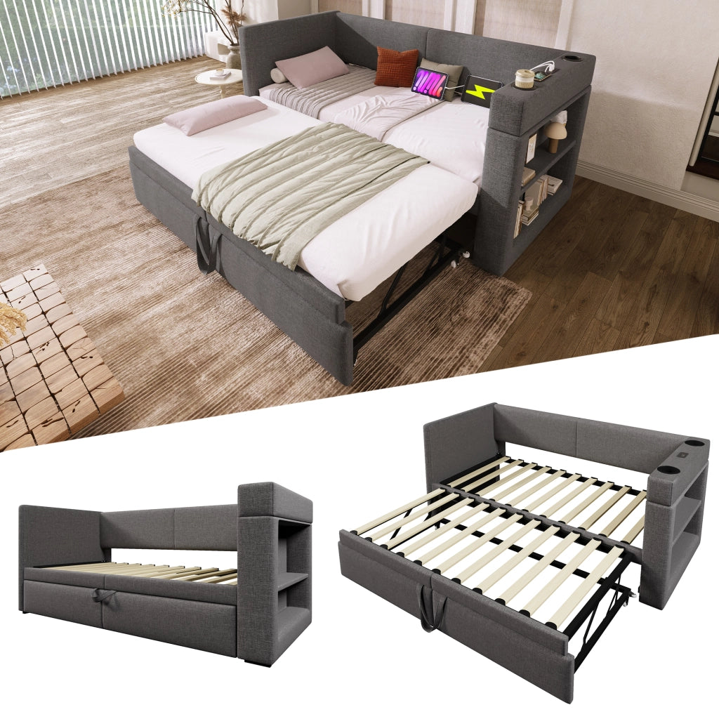 LETTO Daybed imbottito estraibile 90x200 cm Grigio con USB e Type-C senza materasso