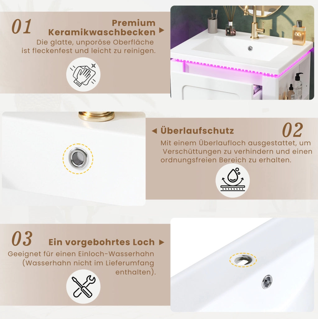 Mobile bagno sospeso da 61 cm con LED; 2 cassetti e lavabo in ceramica