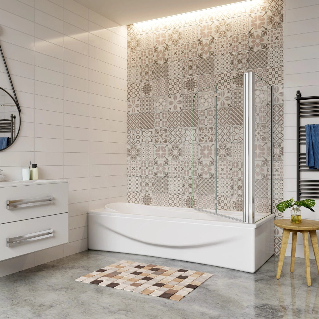 H.140 cm Sopravasca da Bagno Doccia con Parete Fissa 90x75 cm Due Ante Pieghevoli a Libro Vetro Temperato Trasparente 6 mm Anticalcare Cromo Lucido