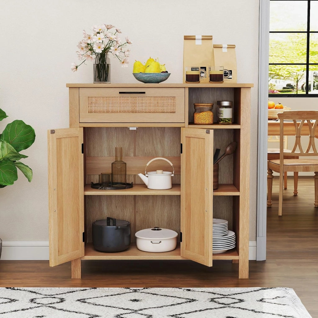 Credenza Cucina con 2 Ante in Rattan, Mobile Buffet con Cassetto, Scomparti Aperti, Mensola Regolabile, Mobile Cucina Dispensa in Legno, per Soggiorno, Sala da Pranzo, 75x30x80cm, Naturale