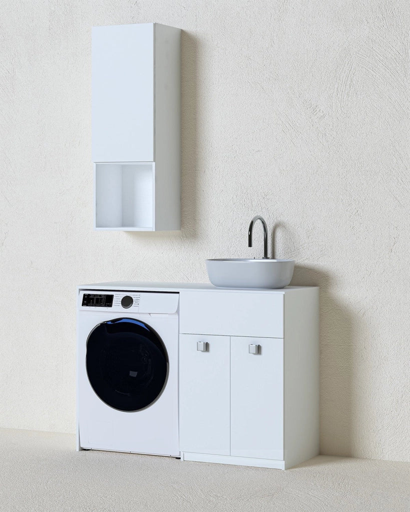 Mobile coprilavatrice Sindy Sx - Contenitore salvaspazio per bagno e lavanderia - Lavatrice non inclusa - Lavandino e Pensile compresi - Bianco - 122x93x60 cm_