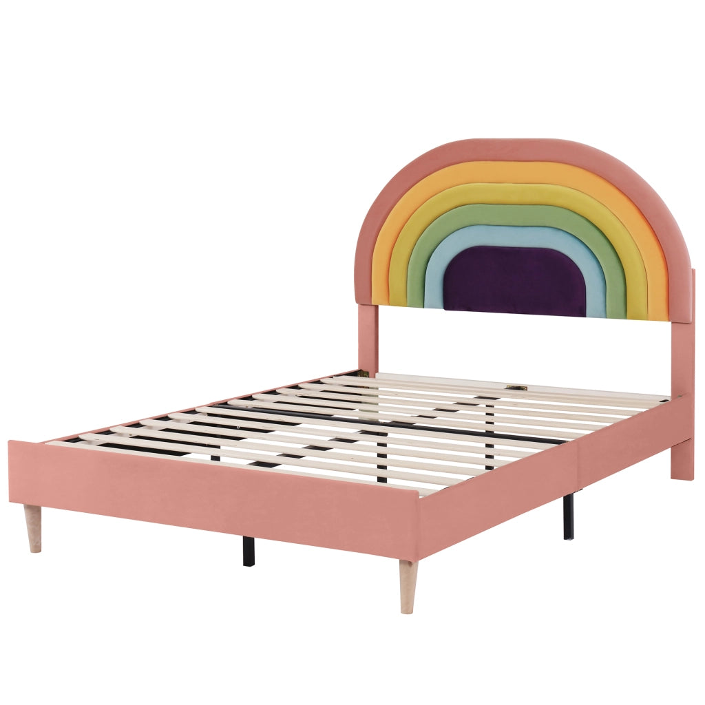 Letto imbottito 140x200 cm in velluto rosa con rete a doghe, testiera regolabile e struttura robusta