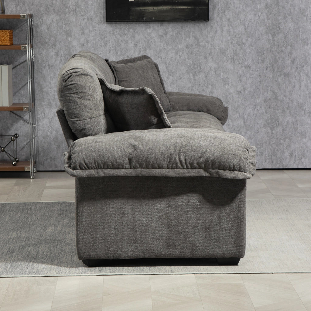 Divano diritto in chenille con seduta profonda e cuscini a doppio strato per salotto grigio 214 × 89 × 93 cm