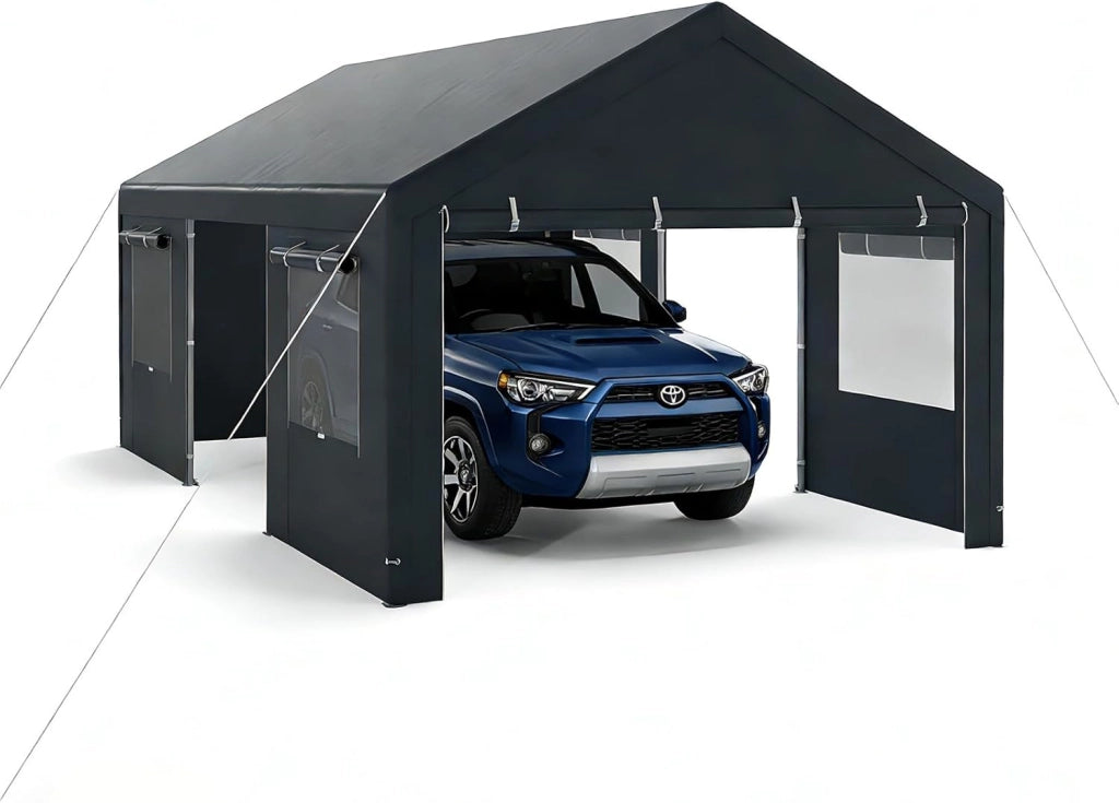 Tenda Garage Auto Esterno, Tettoia per Auto con Telaio in Metallo, Copertura in PE Resistente alle Intemperie, Capanno Giardino per Vehicolo, Bici, Moto, Attrezzi (Grigio, 305 x 586 x 280 cm)