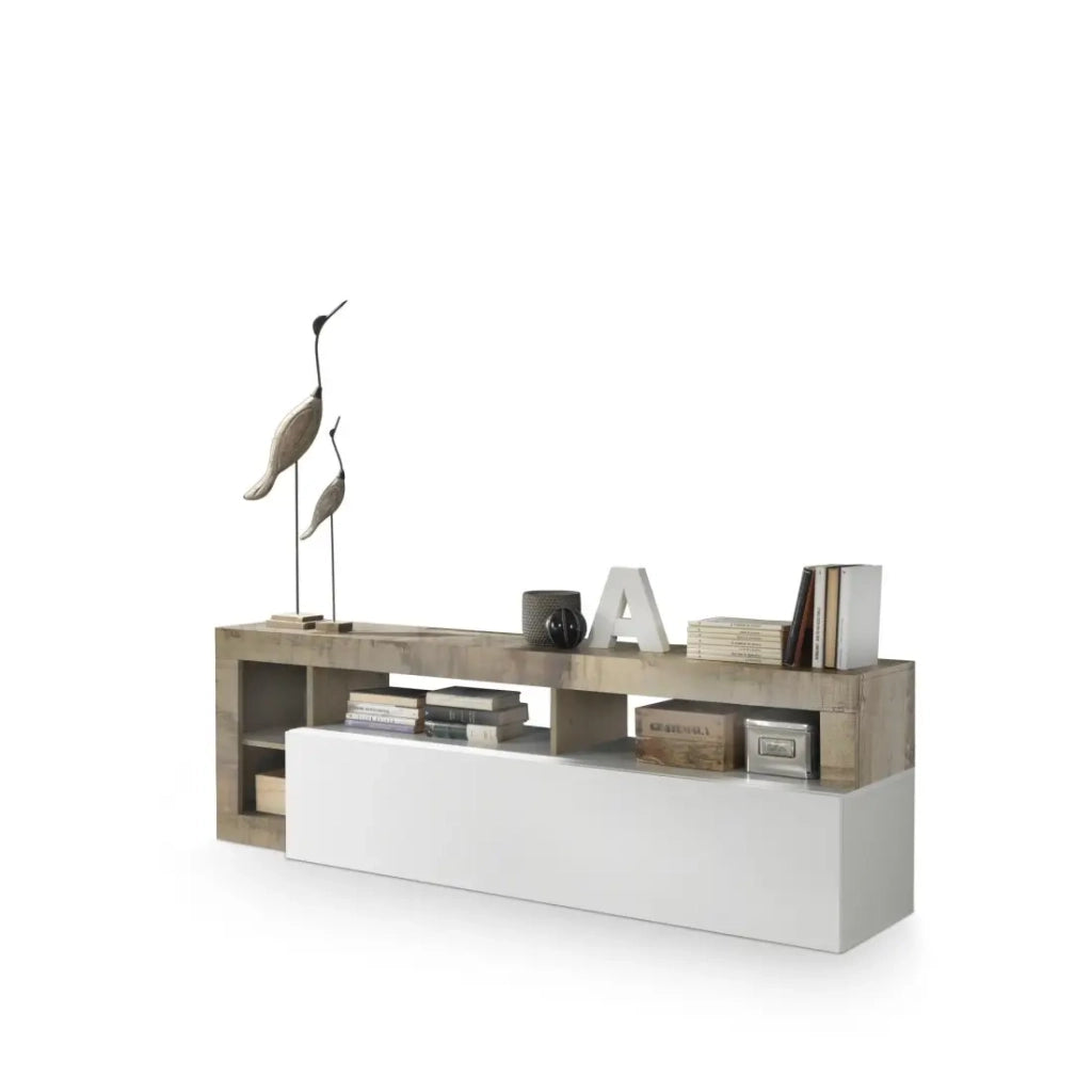 Mobile porta TV 1 anta, collezione BURA, colore bianco lucido laccato e rovere chiaro