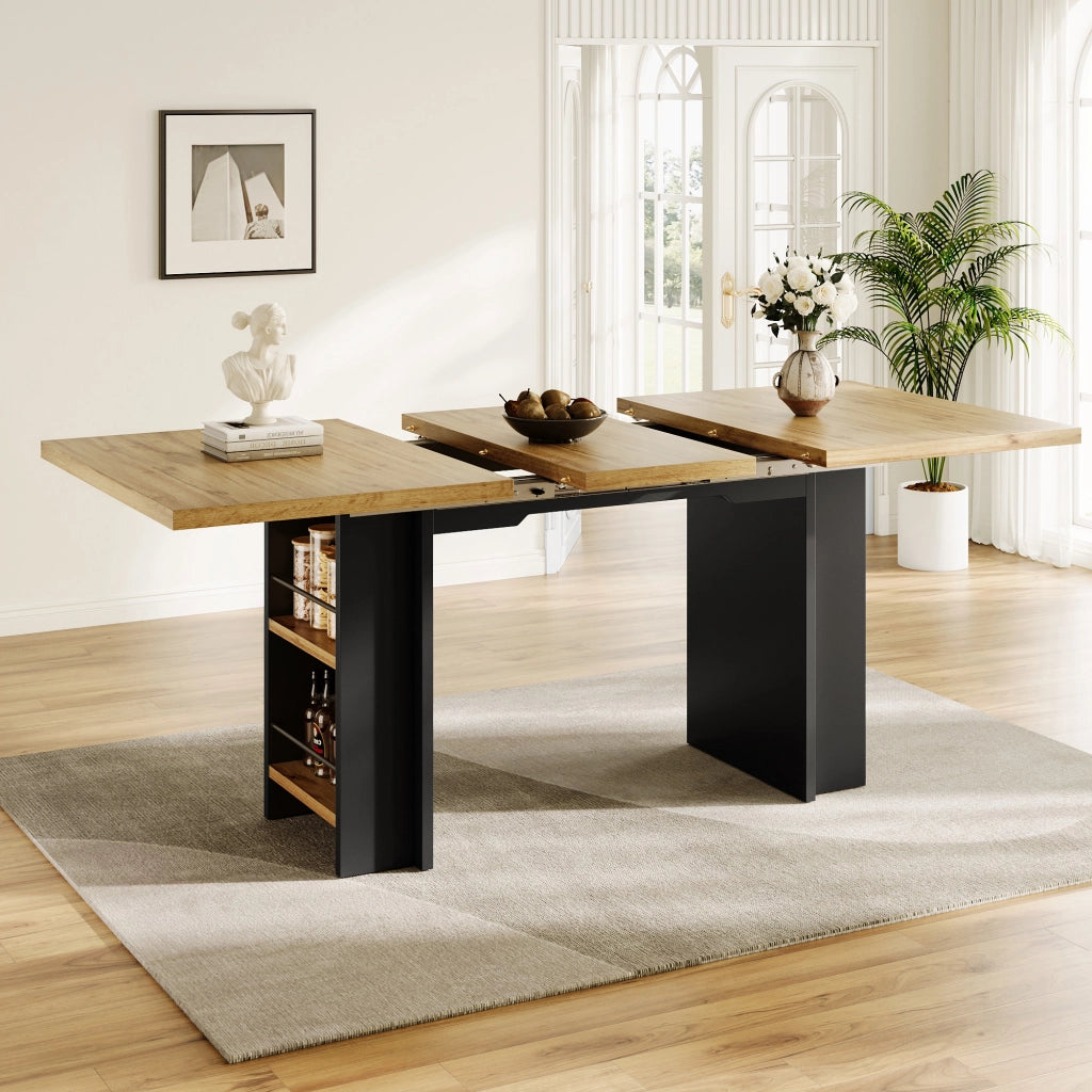 Tavolo da pranzo - telescopico 120-160x80 cm - con ripiani - legno naturale - per cucina e soggiorno