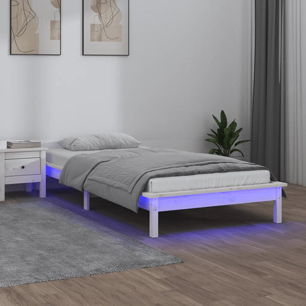 Letto singolo | Letto per adulti | Giroletto con LED Bianco 100x200 cm in Legno Massello