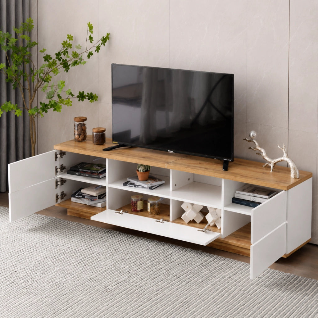 Mobile TV 180x38x46 cm; design a griglia con maniglia nascosta; MDF bianco