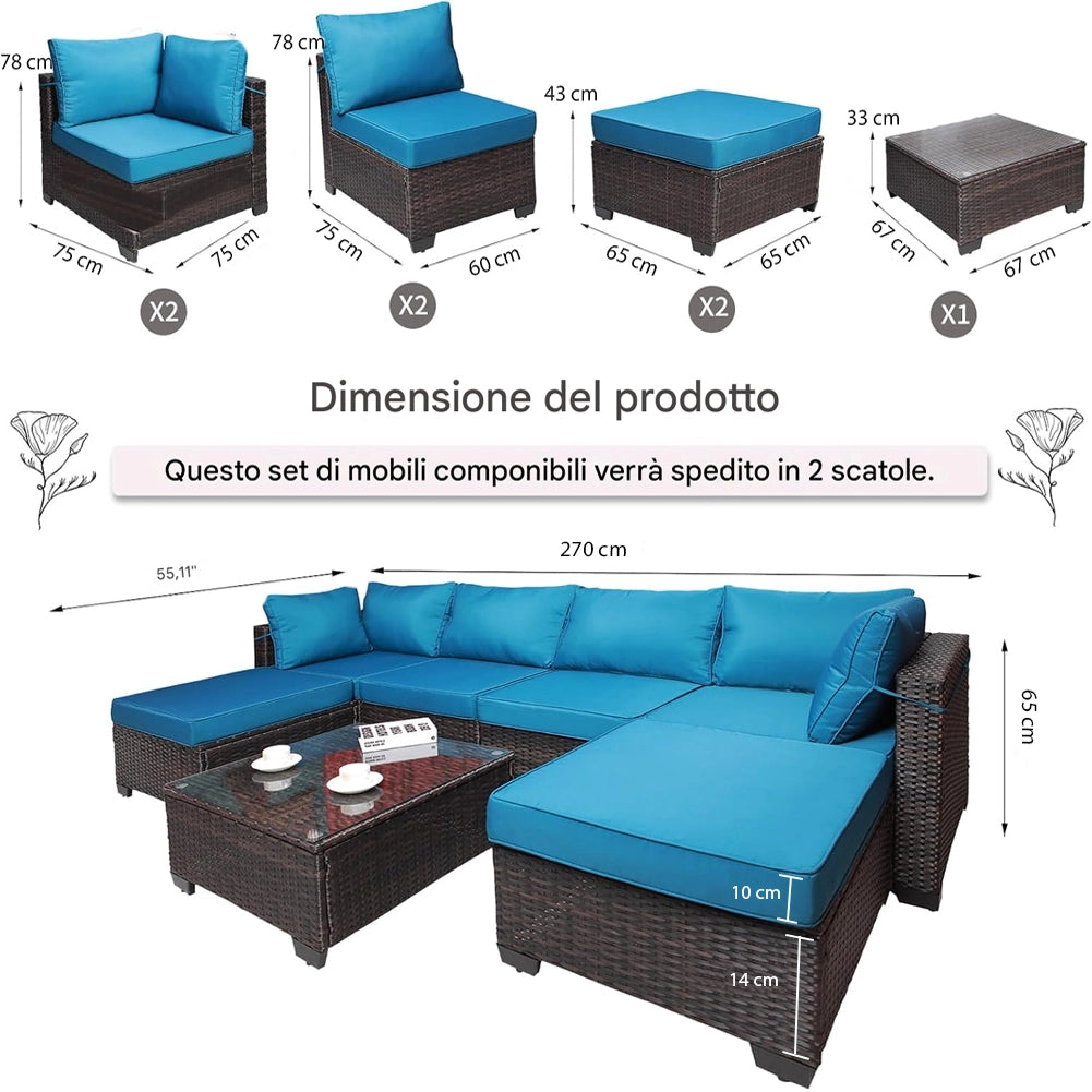 Set Patio Divano Modulabile da Esterno in Polyrattan con Cuscini Blu da Giardino
