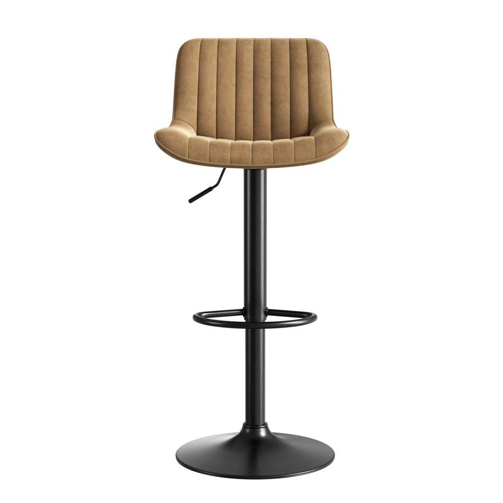 Set di 4 Sgabelli da Bar Regolabili in Altezza con Schienale e Seduta Girevole; Ferro; Metallo; Legno e Velluto; Marrone