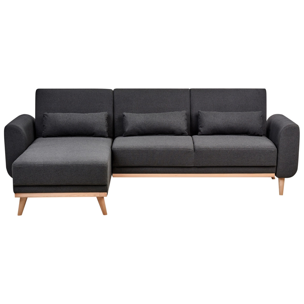 Divano letto ad angolo Rivestimento nero in tessuto poliestere Gambe in legno chiaro Cuscini Design moderno