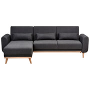 Divano letto ad angolo Rivestimento nero in tessuto poliestere Gambe in legno chiaro Cuscini Design moderno